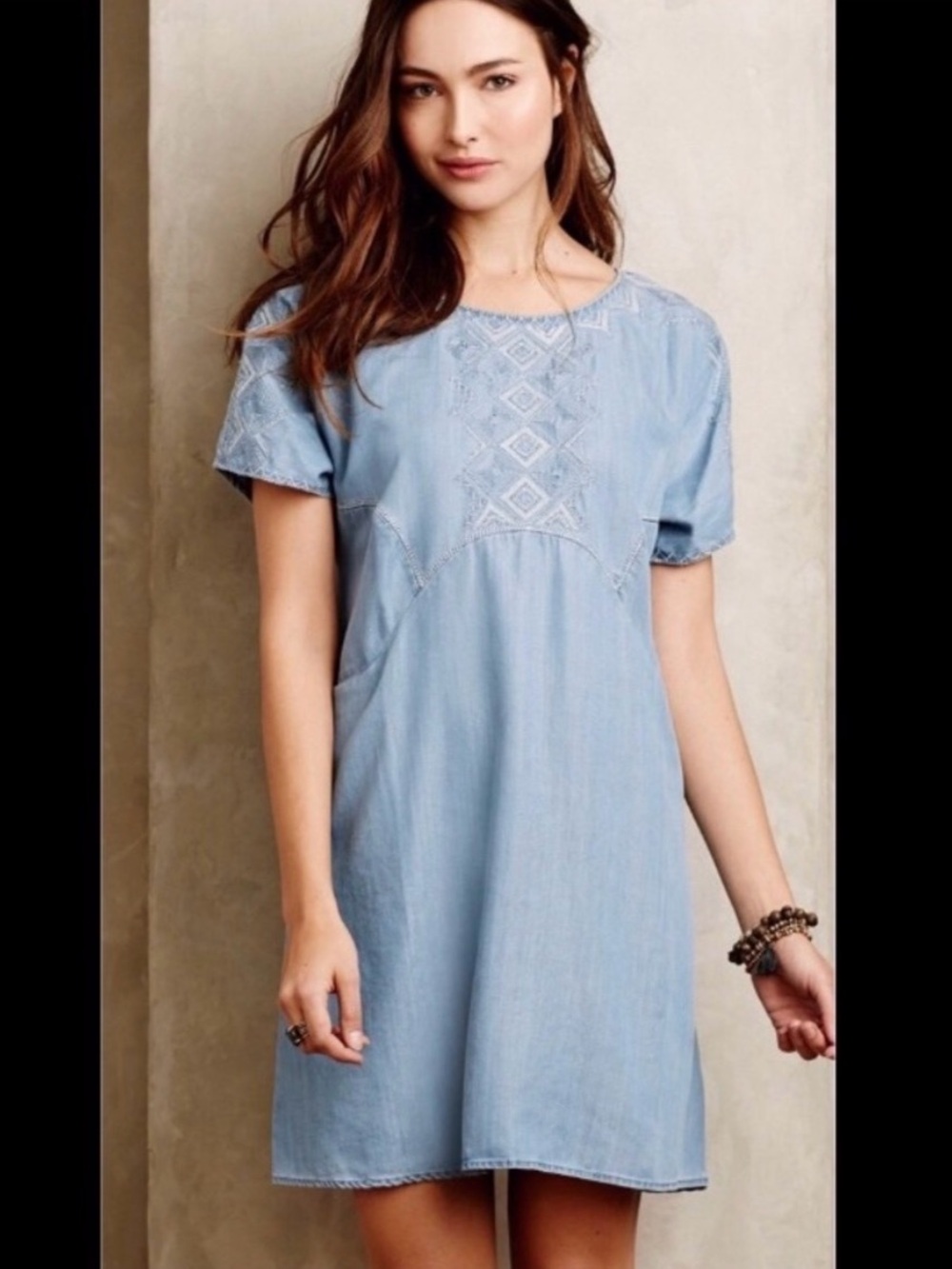 HOLDING HORSES for Anthropologie Light Embroidered Lyocell Chambray Midi Dress